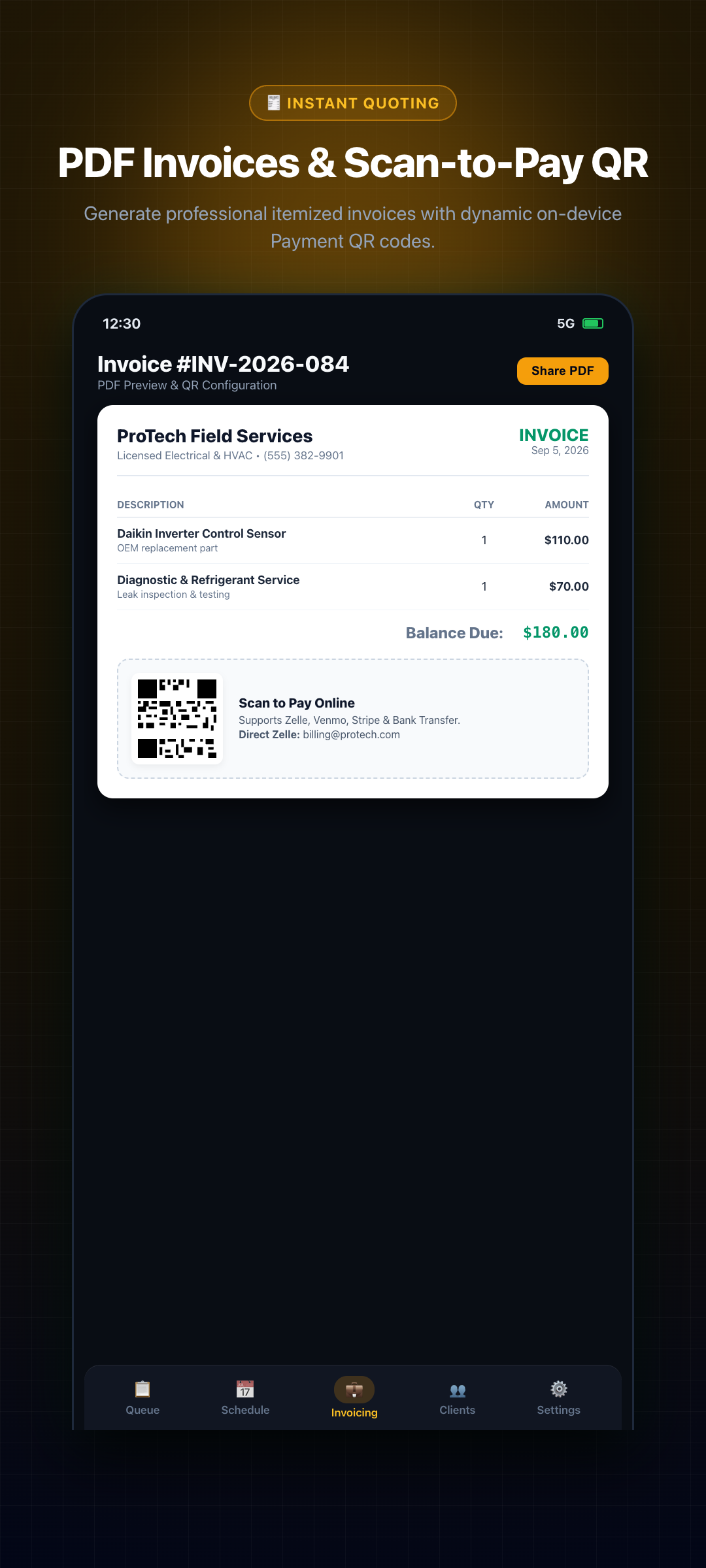 Instant PDF Invoices & Scan-to-Pay QR